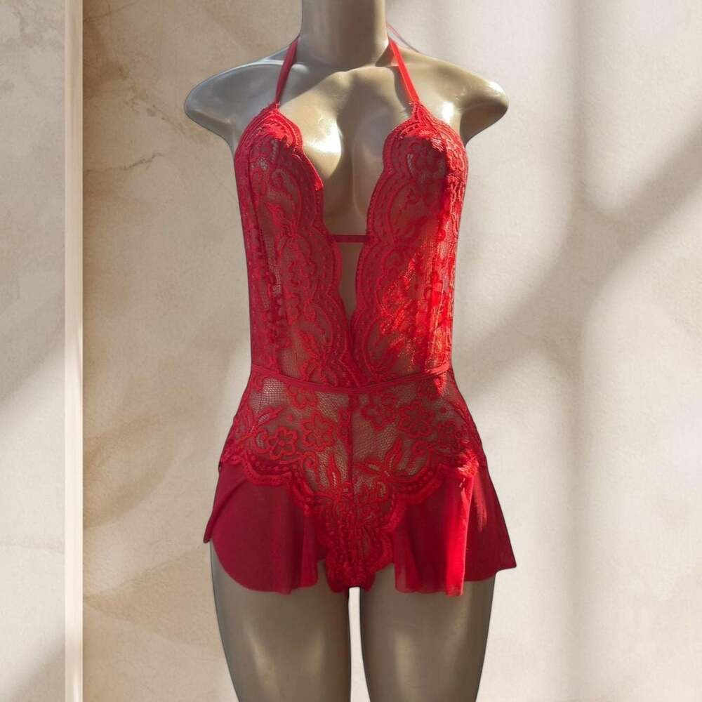 Red Lace Bodysuit Lingerie – Halter Deep V Sheer Ruffle Detail Sexy ✧ L